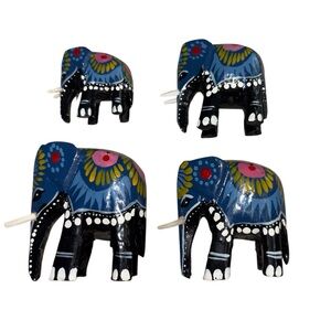 Set of 4 Hand Carved Hand Painted Wood Elephant Figurines Collectible Home Decor